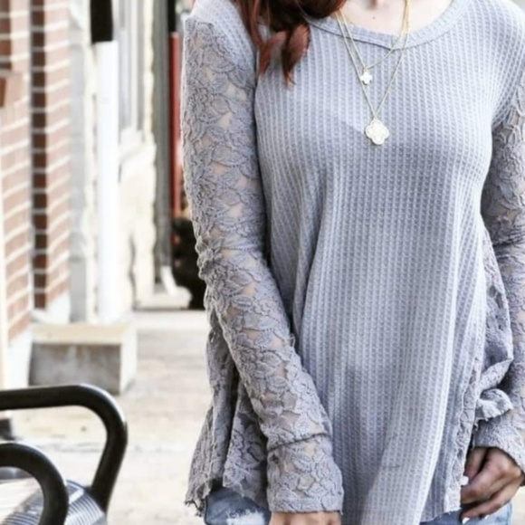 TRASKE Gray Thermal And Lace Long Sleeve Top - Picture 2 of 5